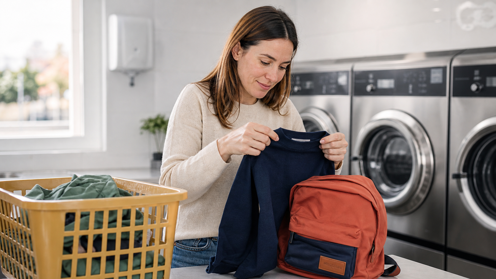 Persona revisando una sudadera escolar en una lavandería de tonos neutros