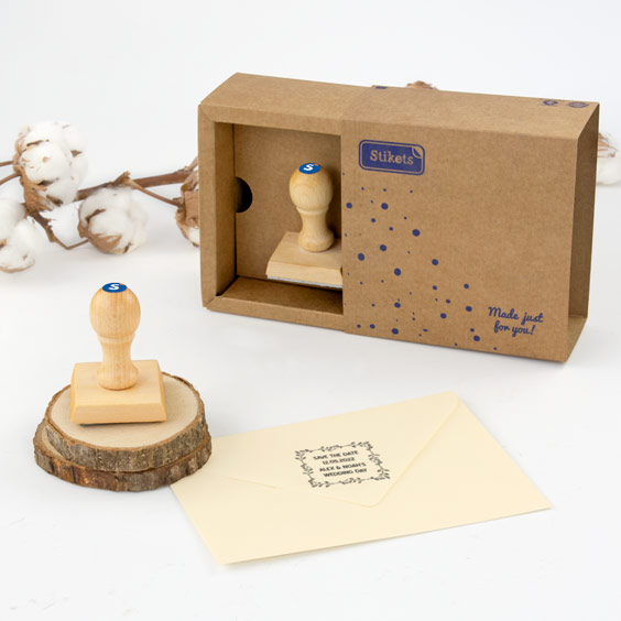 Sello de madera cuadrado personalizado para boda con su caja
