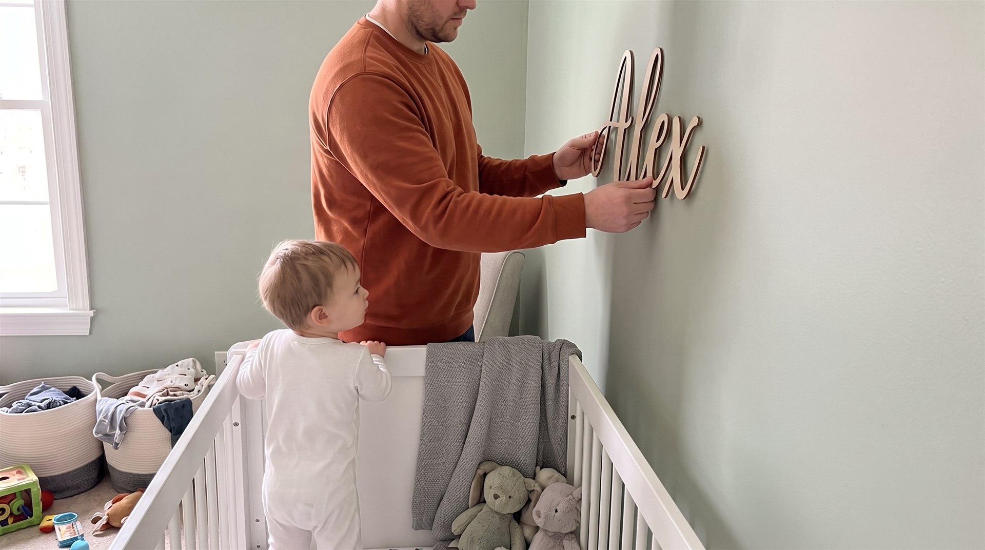 Padre colocando un nombre de madera grande con el nombre Alex en la pared verde del dormitorio mientras su hijo lo mira desde la cuna