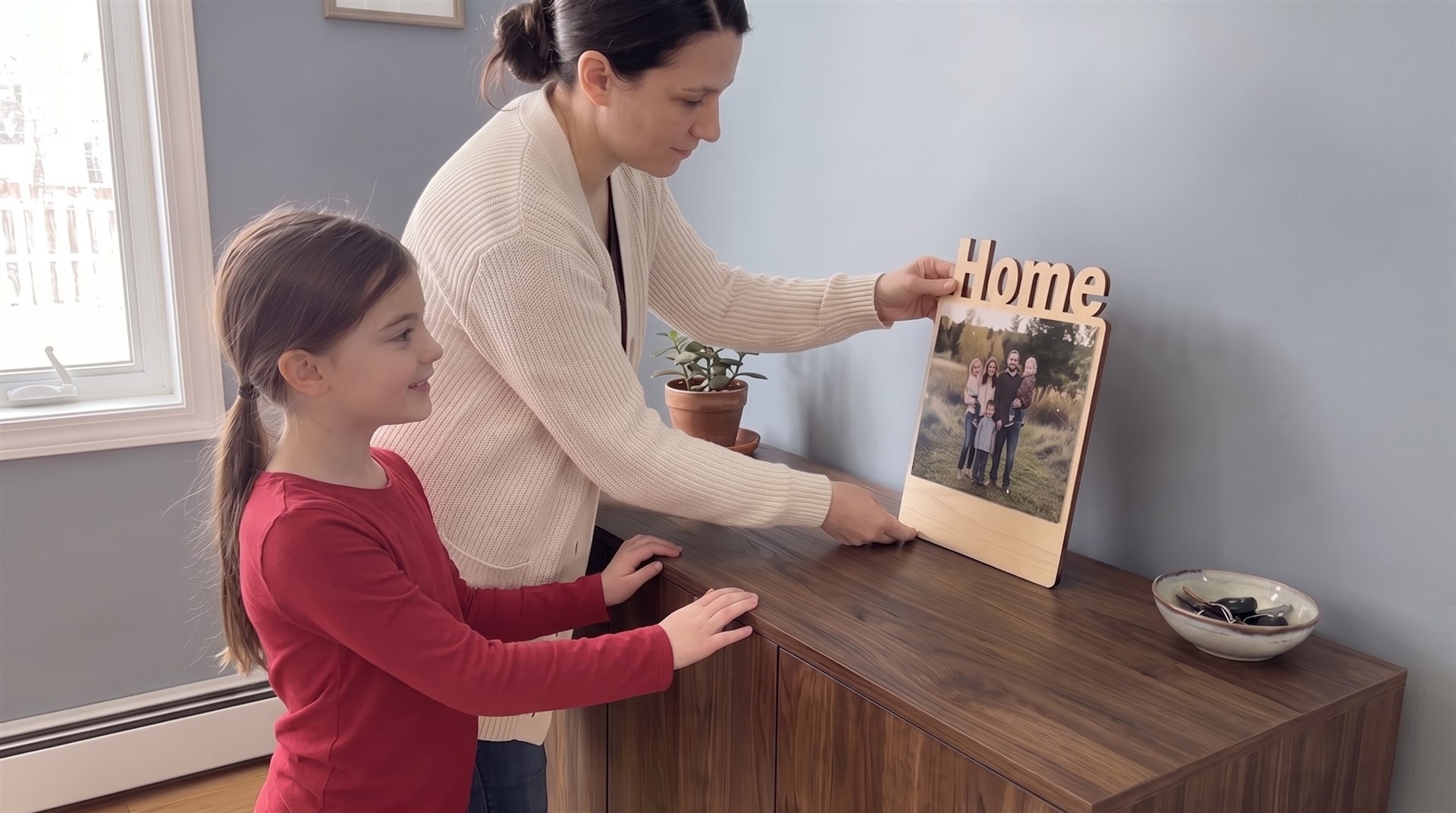 Madre colocando una placa personalizada de madera con foto familiar en un aparador mientras su hija la mira