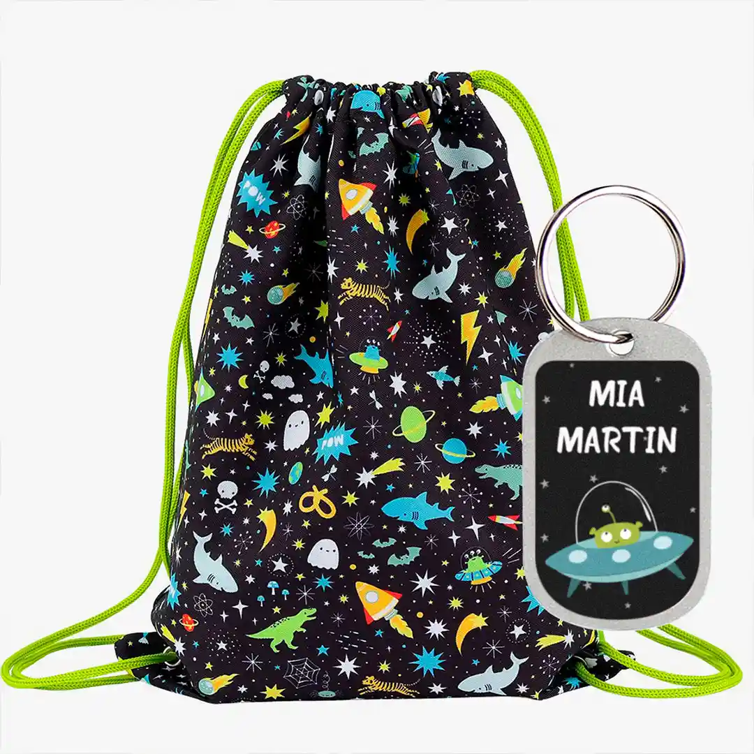 Mochila saco infantil Galaxy con cuerdas y chapa identificativa
