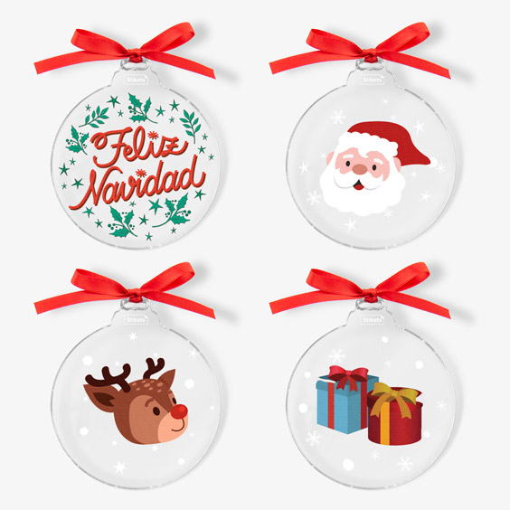 Cuatro bolas de Navidad de metacrilato con Feliz Navidad, Papá Noel, un reno y regalos, con lazos rojos