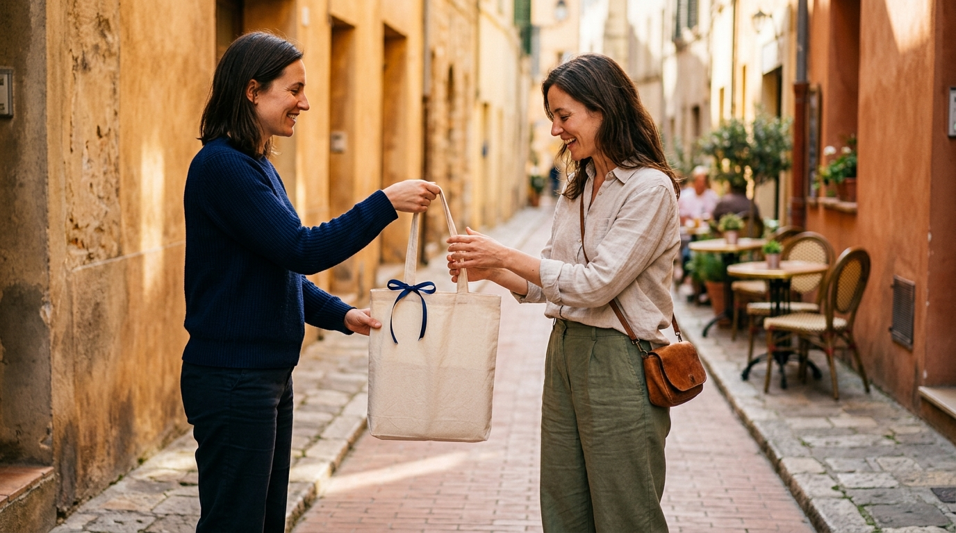 Dos amigas en una calle del casco antiguo, una regala a la otra una bolsa tote de algodón con un lazo azul