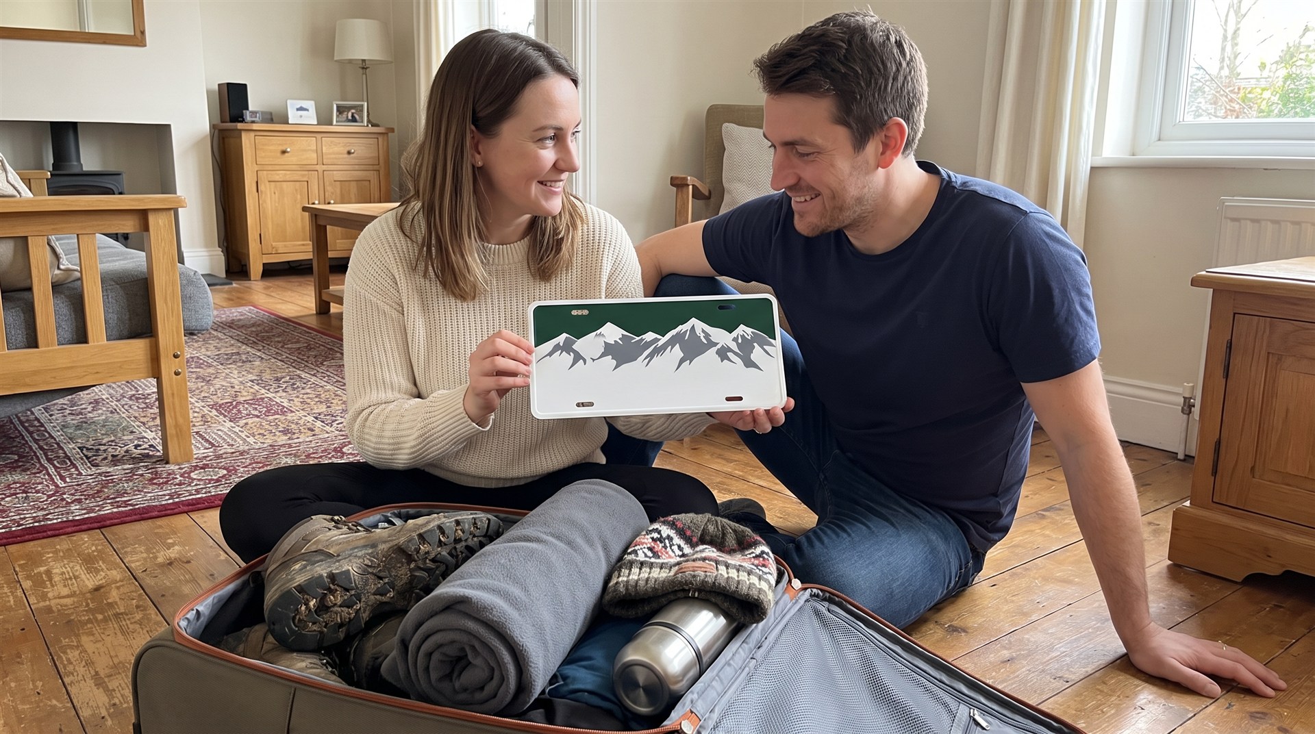 Pareja recién llegada de un viaje a la montaña sacando de la maleta una matrícula decorativa con montañas nevadas