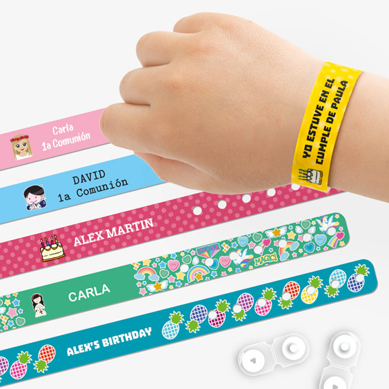Ejemplos de colores e ilustraciones para pulseras infantiles personalizadas
