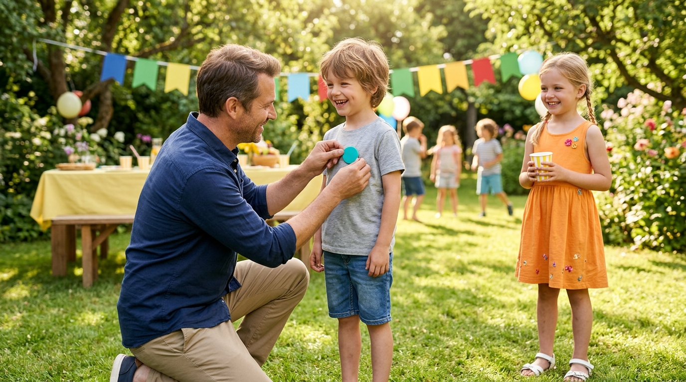Padre arrodillado en el jardín prendiendo una chapa en la camiseta de un niño durante una fiesta de cumpleaños mientras una niña espera sonriendo