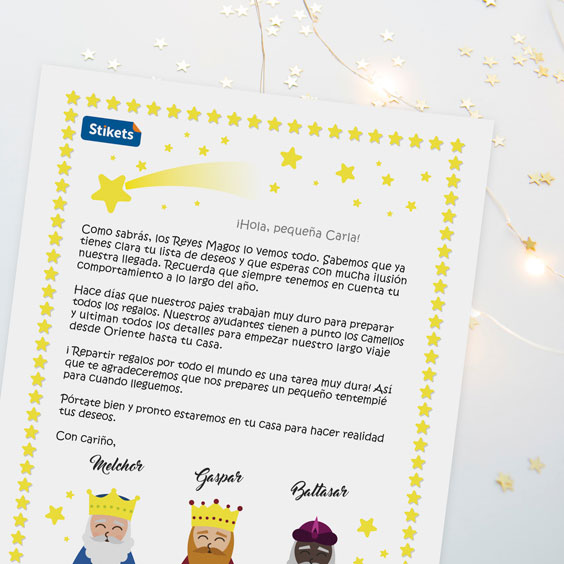 Carta de los Reyes Magos personalizada con el nombre del niño, con marco de estrellas y los tres Reyes
