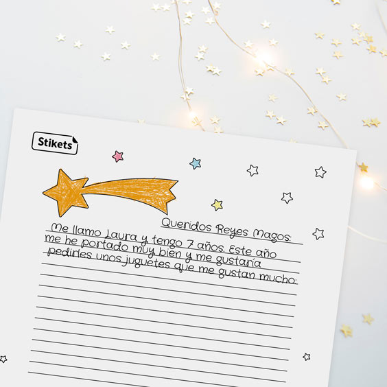 Carta de Reyes para escribir y colorear con estrella fugaz pintada a mano y renglones