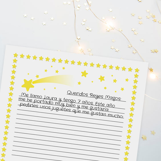 Carta de los Reyes Magos para escribir con marco de estrellas amarillas y renglones