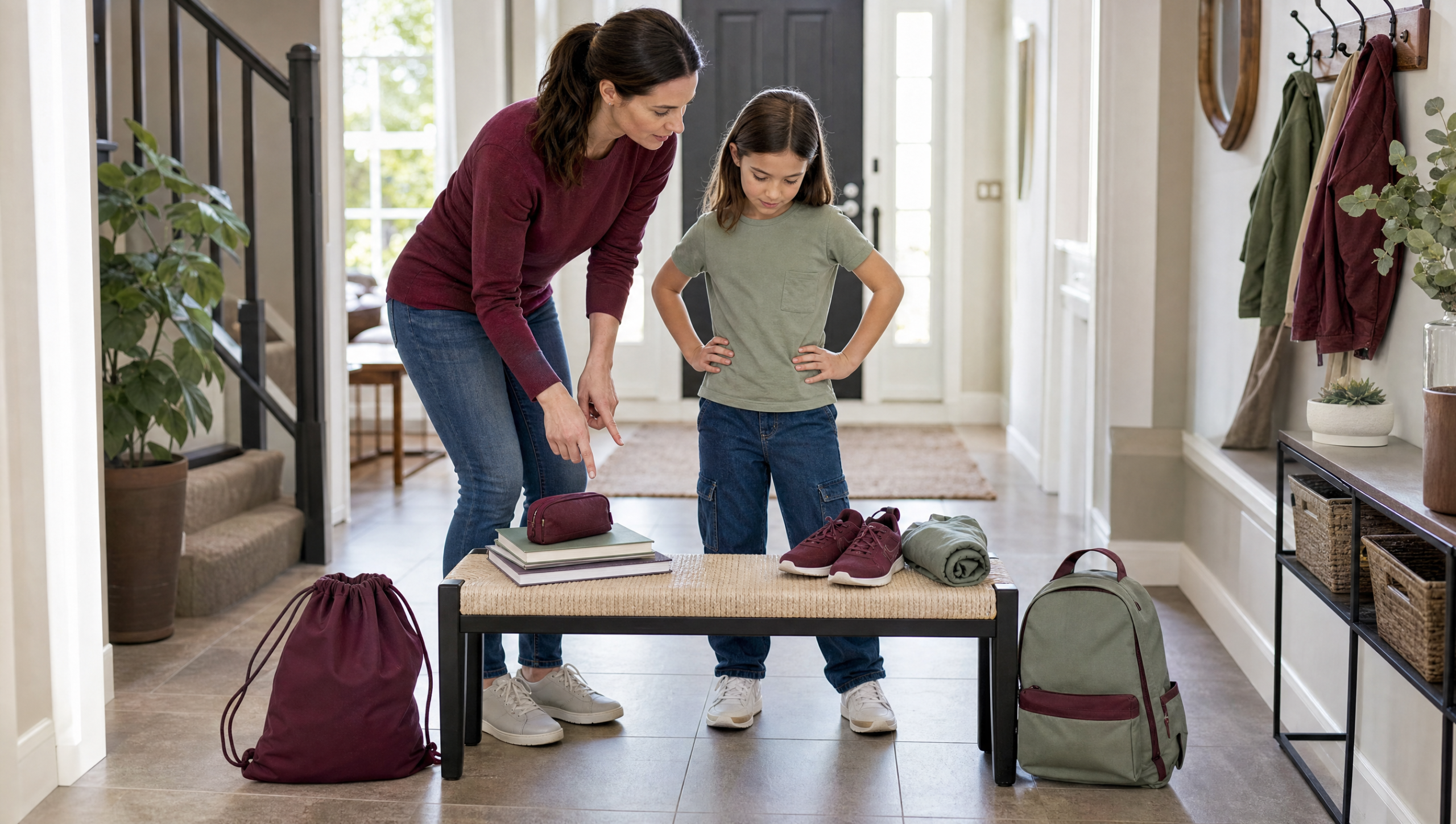 Madre e hija separando material escolar y ropa deportiva antes de elegir mochila