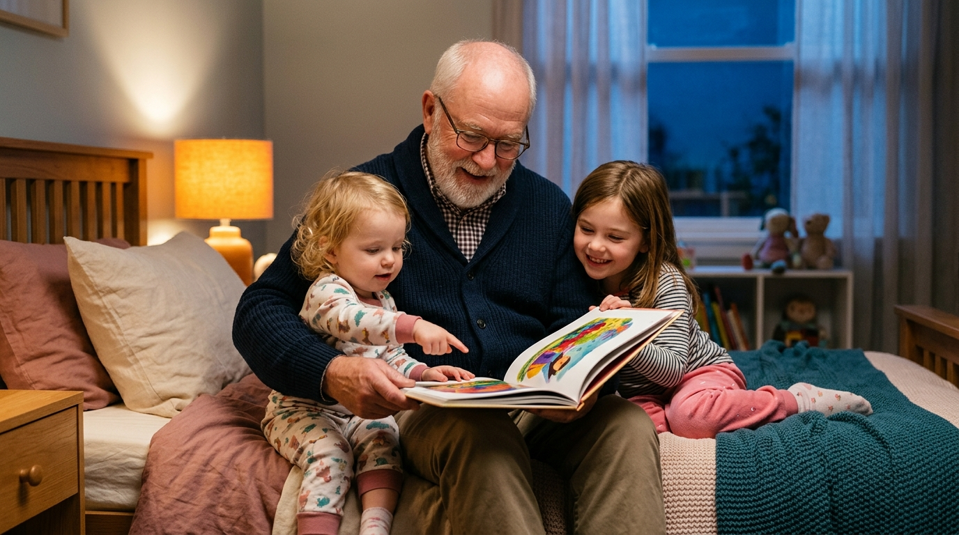 Abuelo leyendo un cuento ilustrado a su nieta pequeña y a su nieta mayor sentados en la cama al anochecer