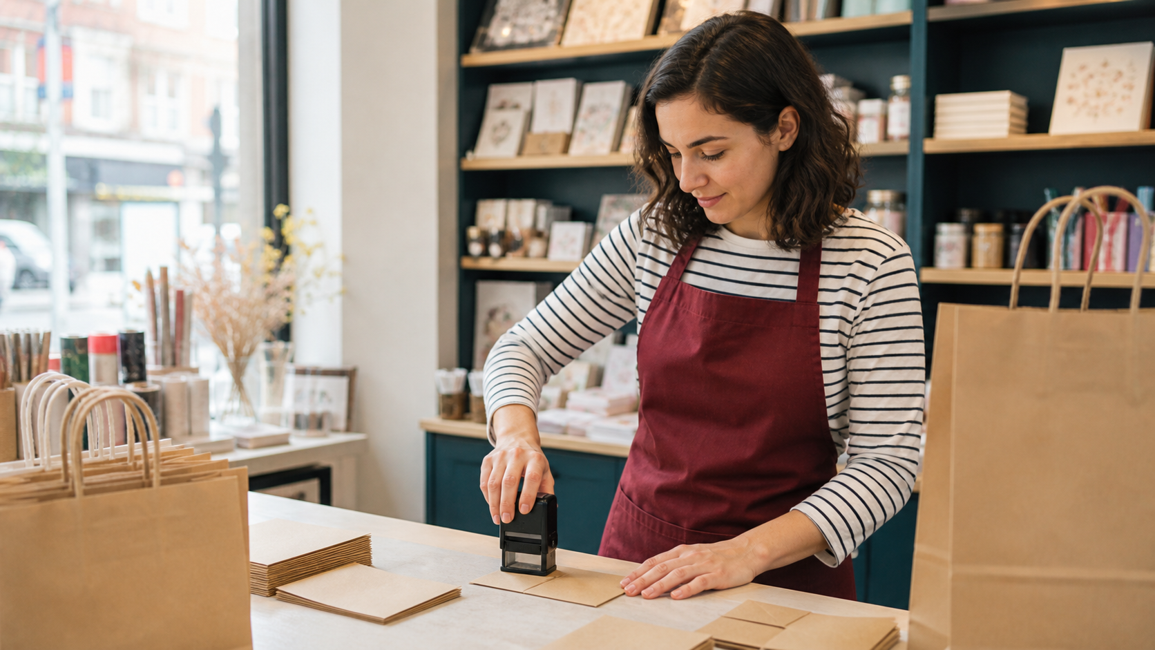 Profesional usando un sello automático sobre tarjetas de papel en su tienda