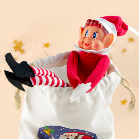 Elfo navideño travieso de Stikets asomándose de un saco de tela
