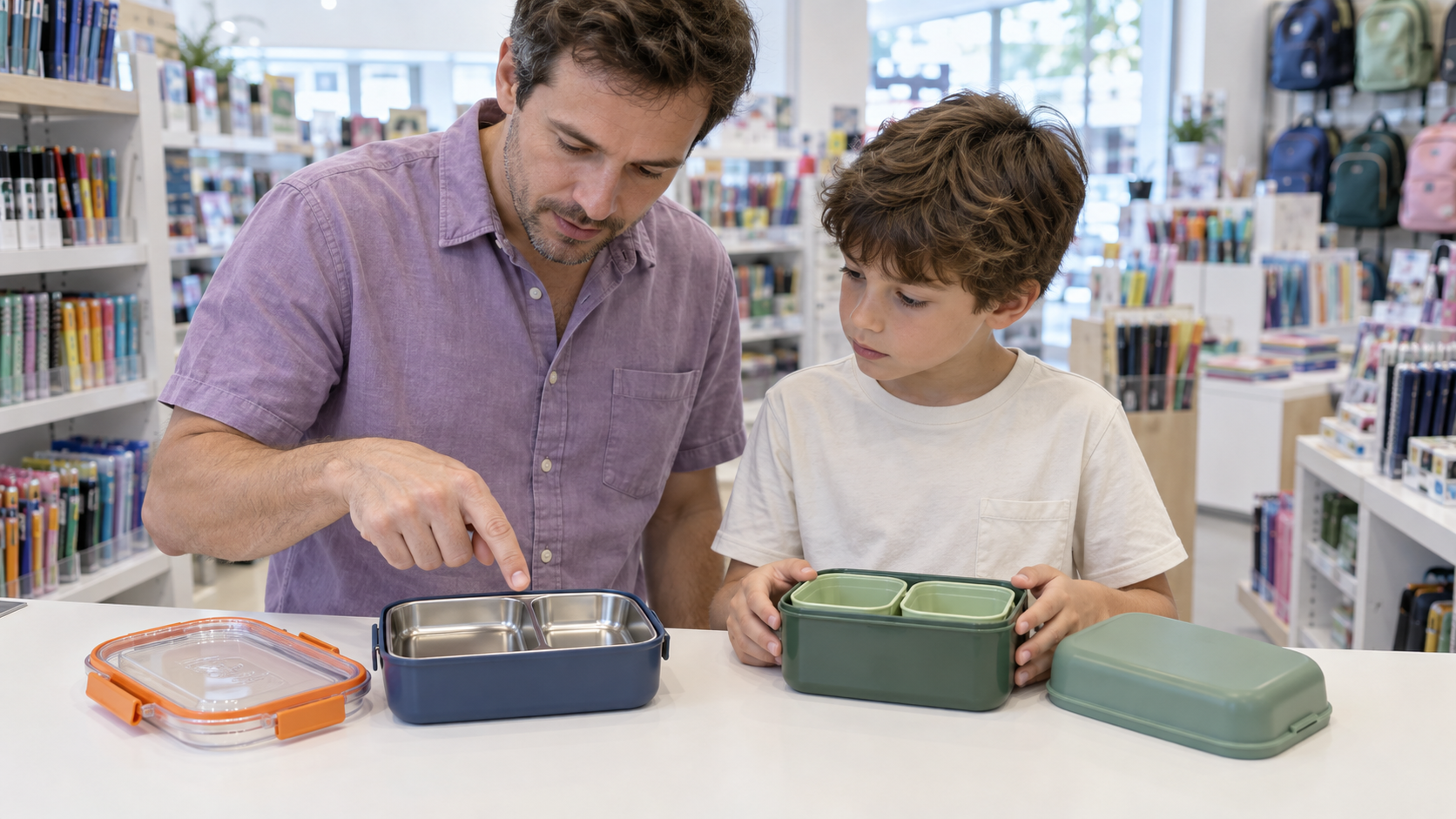 Padre e hijo comparando una fiambrera con interior de acero y otra de plástico en una tienda de material escolar