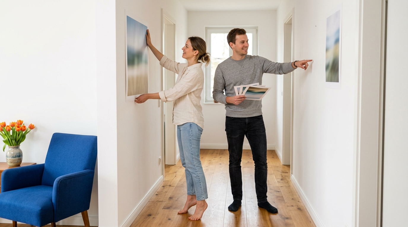 Pareja decorando el pasillo de su piso, ella pegando una foto grande en la pared lisa y él señalando dónde irá la siguiente