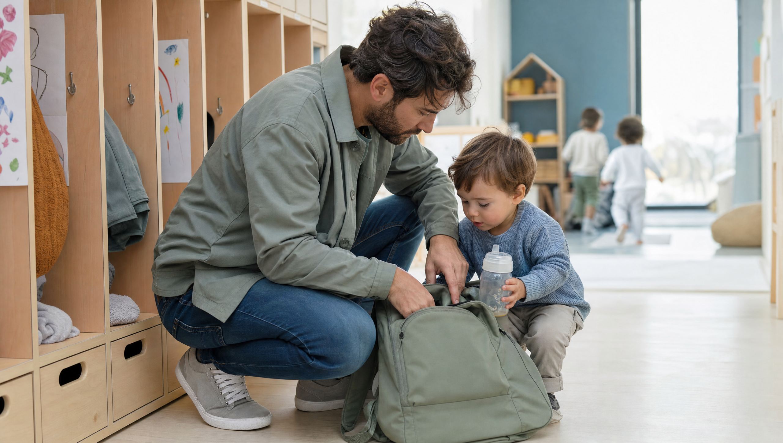 Padre e hijo guardando una botella en una mochila dentro de la guardería