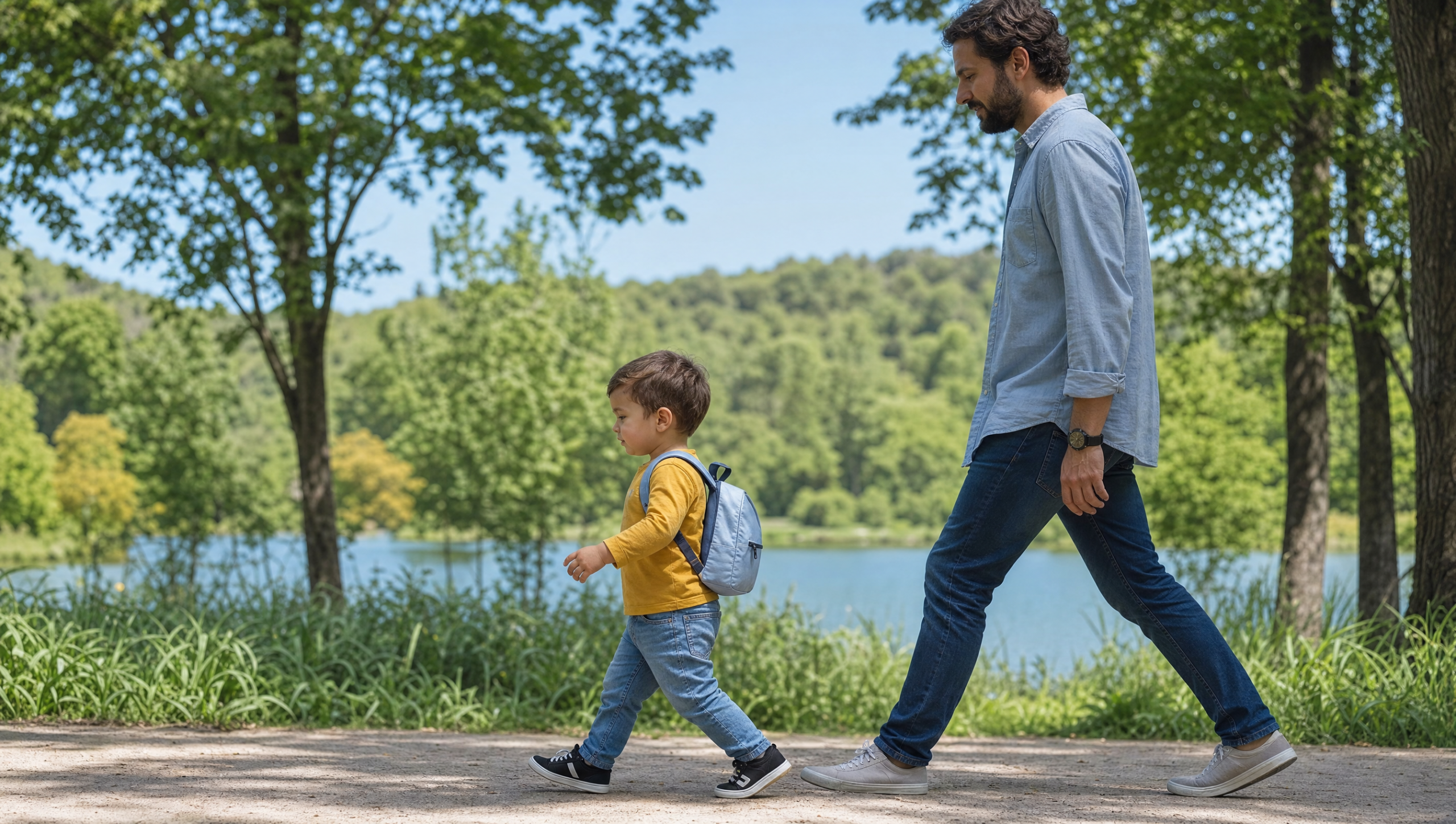 Niño pequeño caminando con una minimochila ligera y bien ajustada