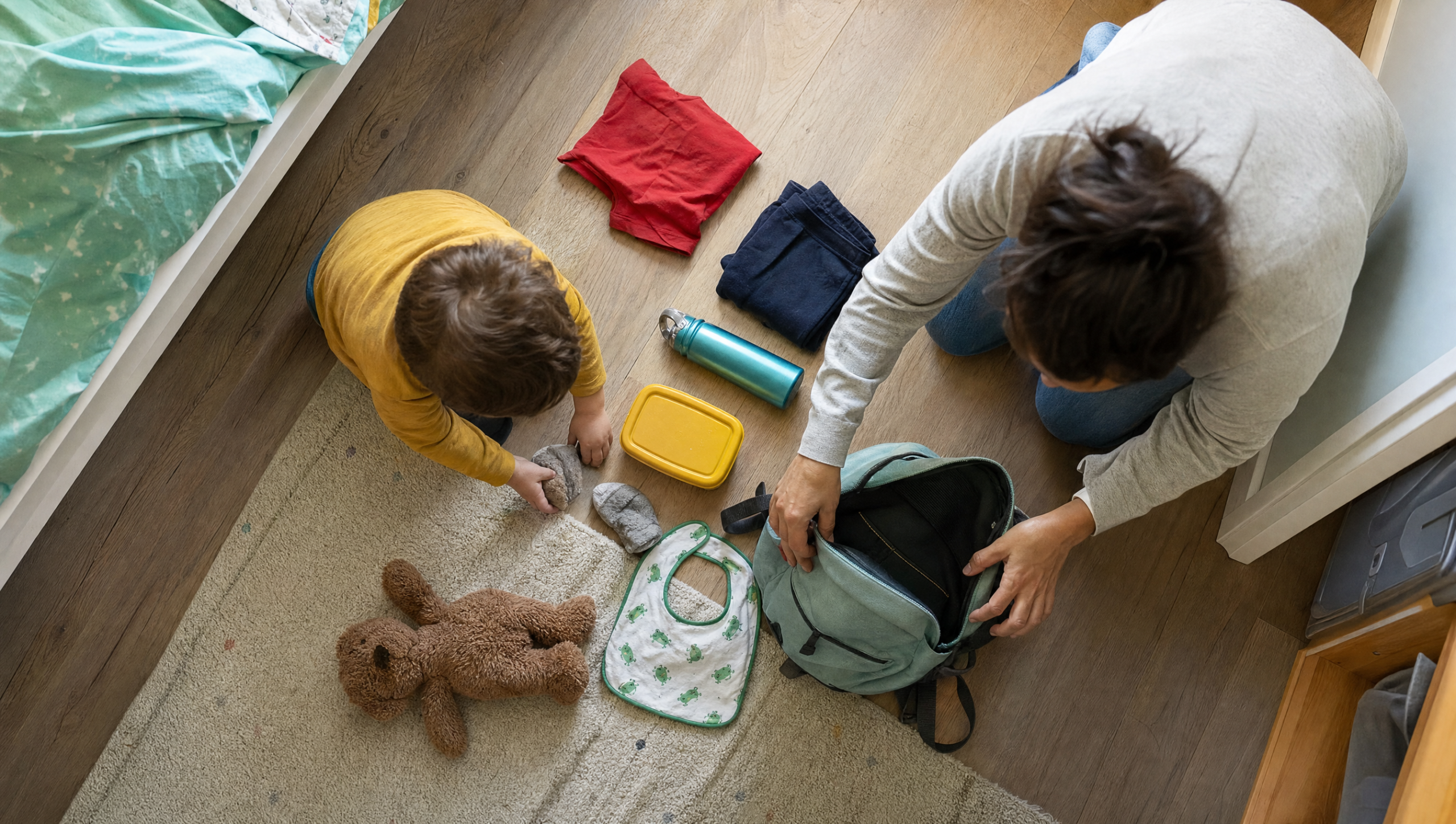 Adulto y niño preparando juntos ropa y objetos cotidianos para la guardería