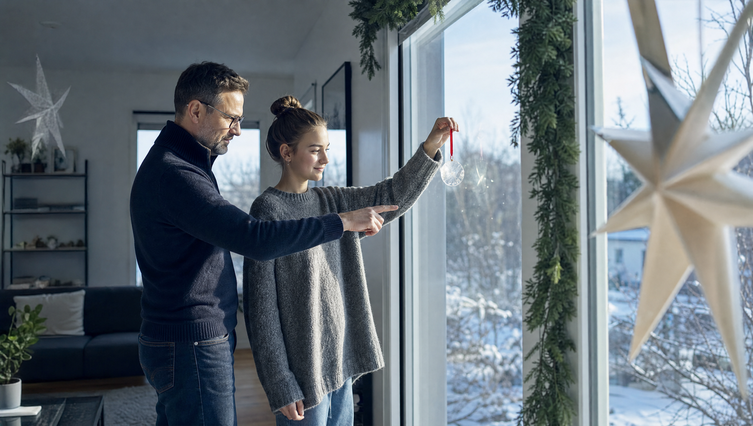 Un padre y su hija observan un adorno navideño transparente a contraluz