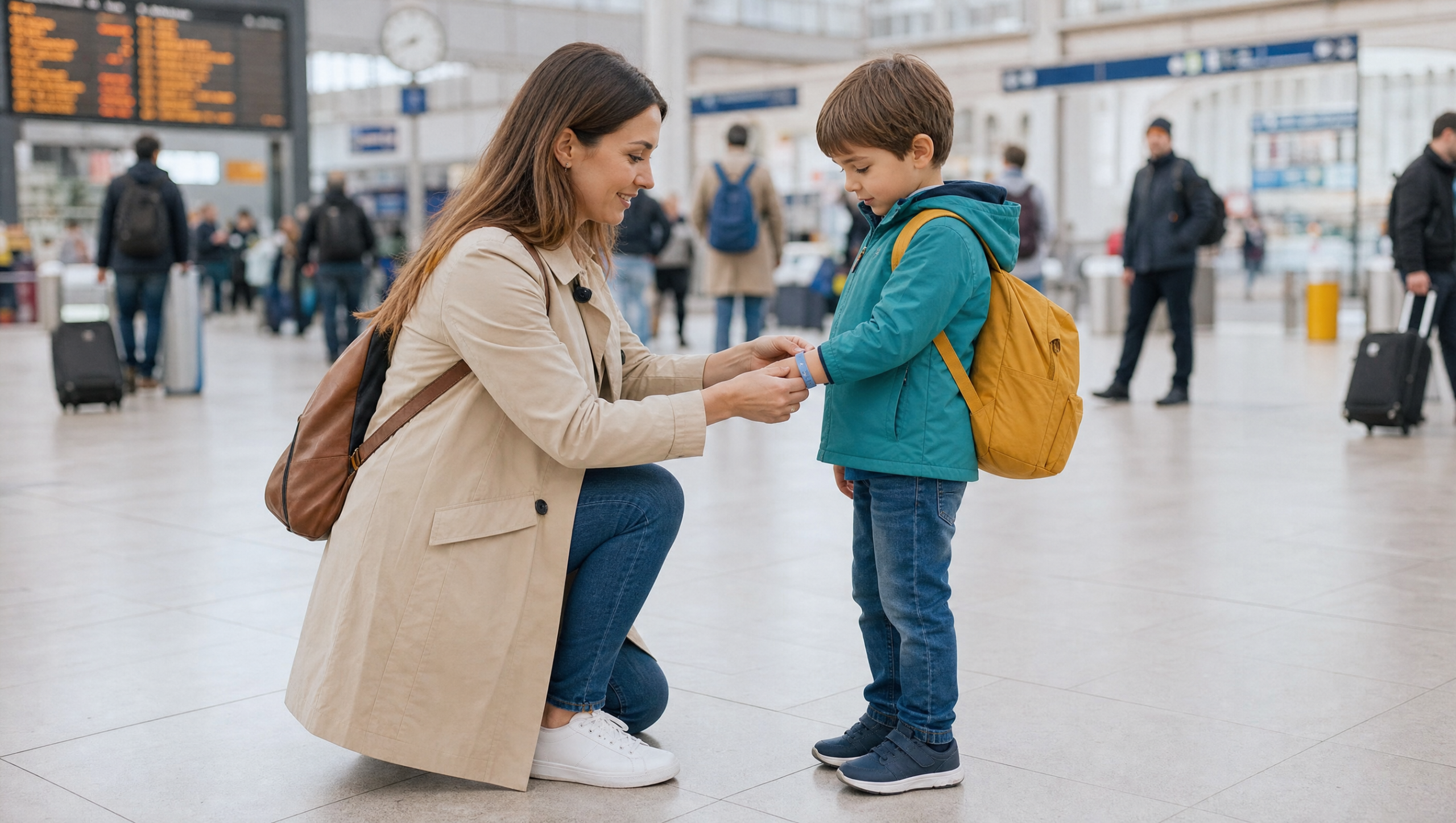 Madre revisando la pulsera identificativa de su hijo antes de viajar