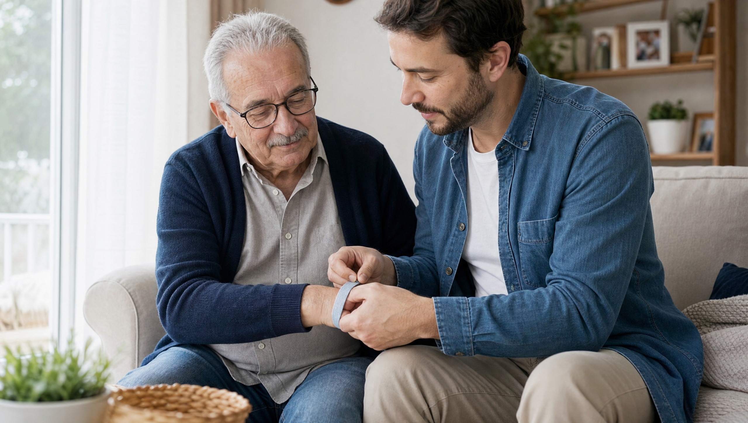 Hijo y padre revisando juntos el ajuste de una pulsera identificativa