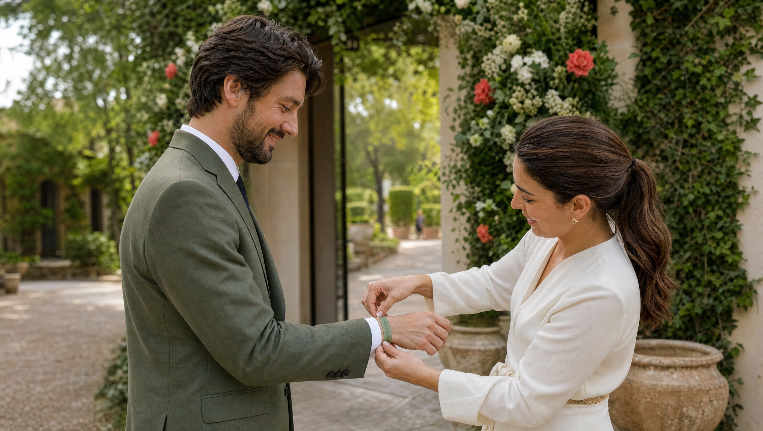 Anfitriona colocando una pulsera de tela a un invitado de boda