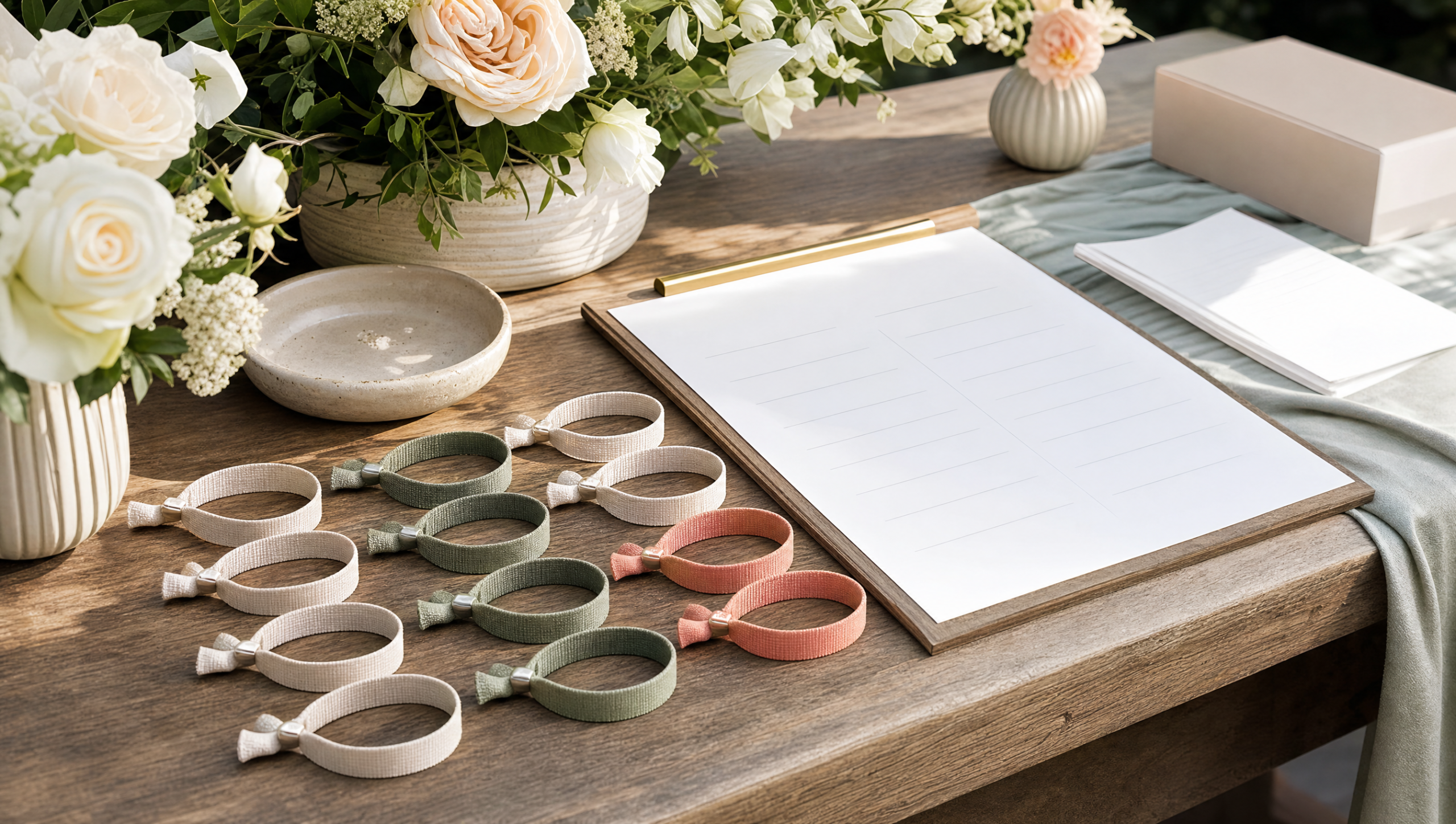 Pulseras de tela organizadas en la mesa de bienvenida de una boda