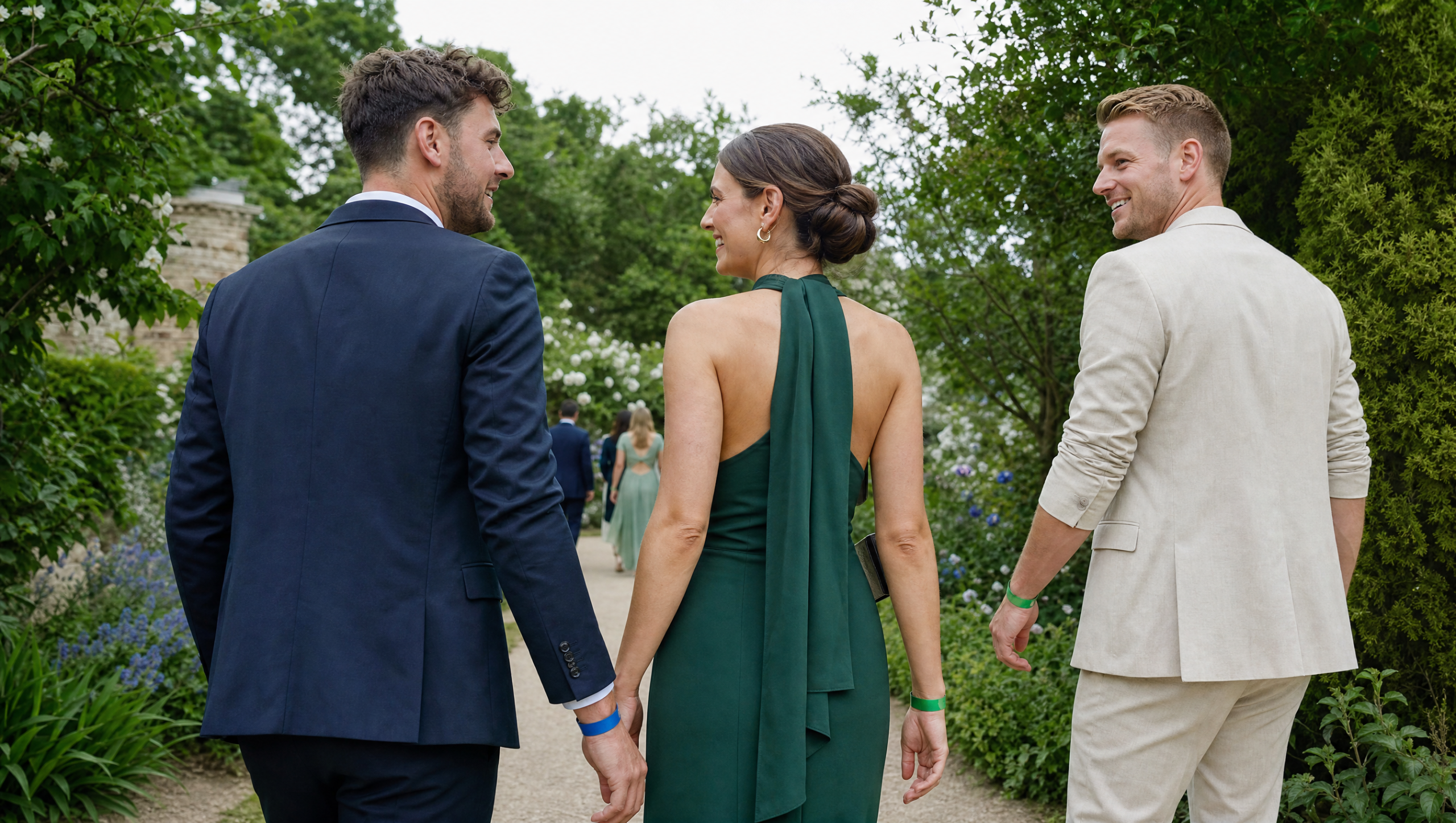 Invitados caminando por un jardín con pulseras coordinadas