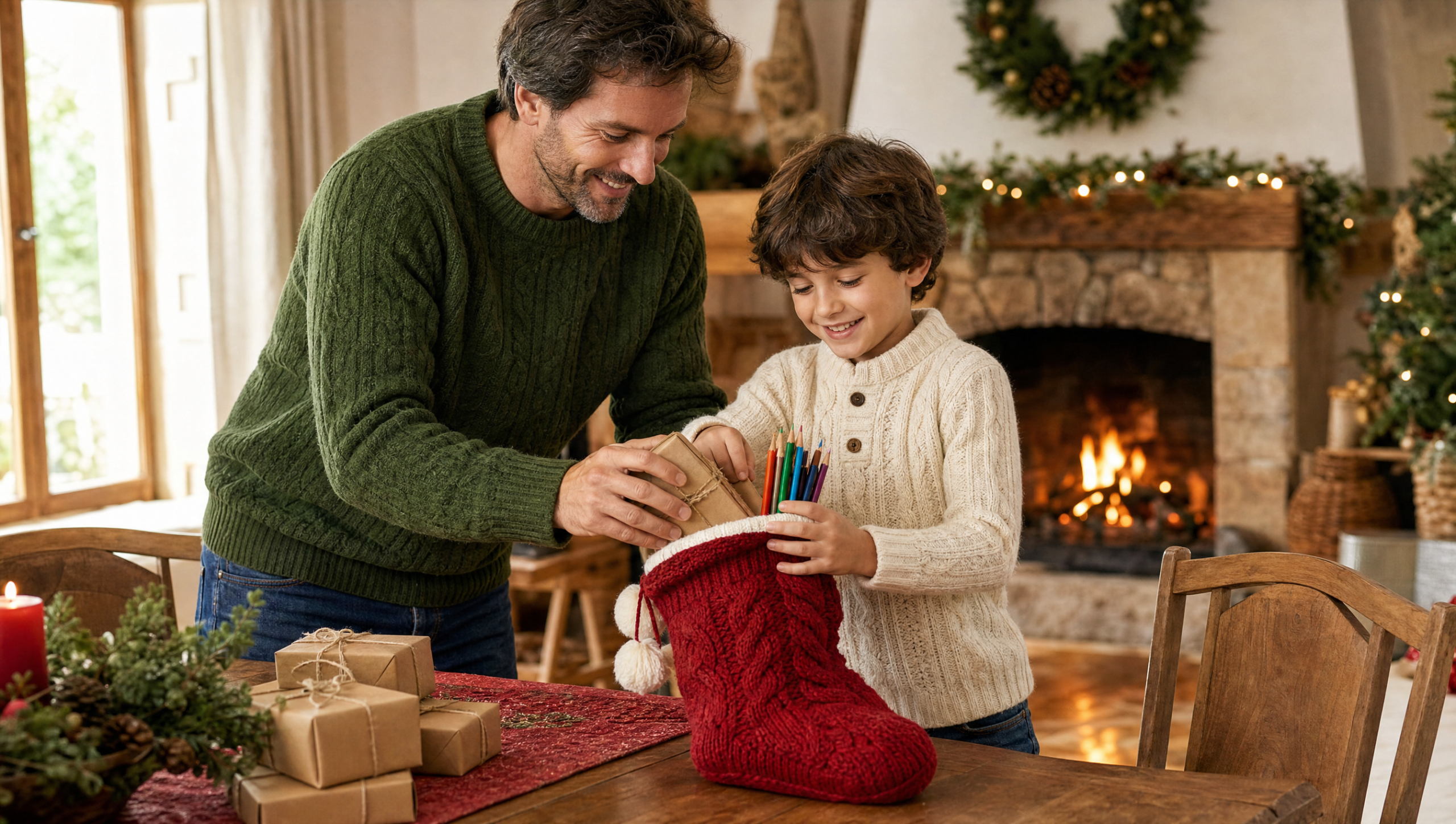 Padre e hijo colocando pequeños regalos en un calcetín de Navidad en el comedor junto a la chimenea