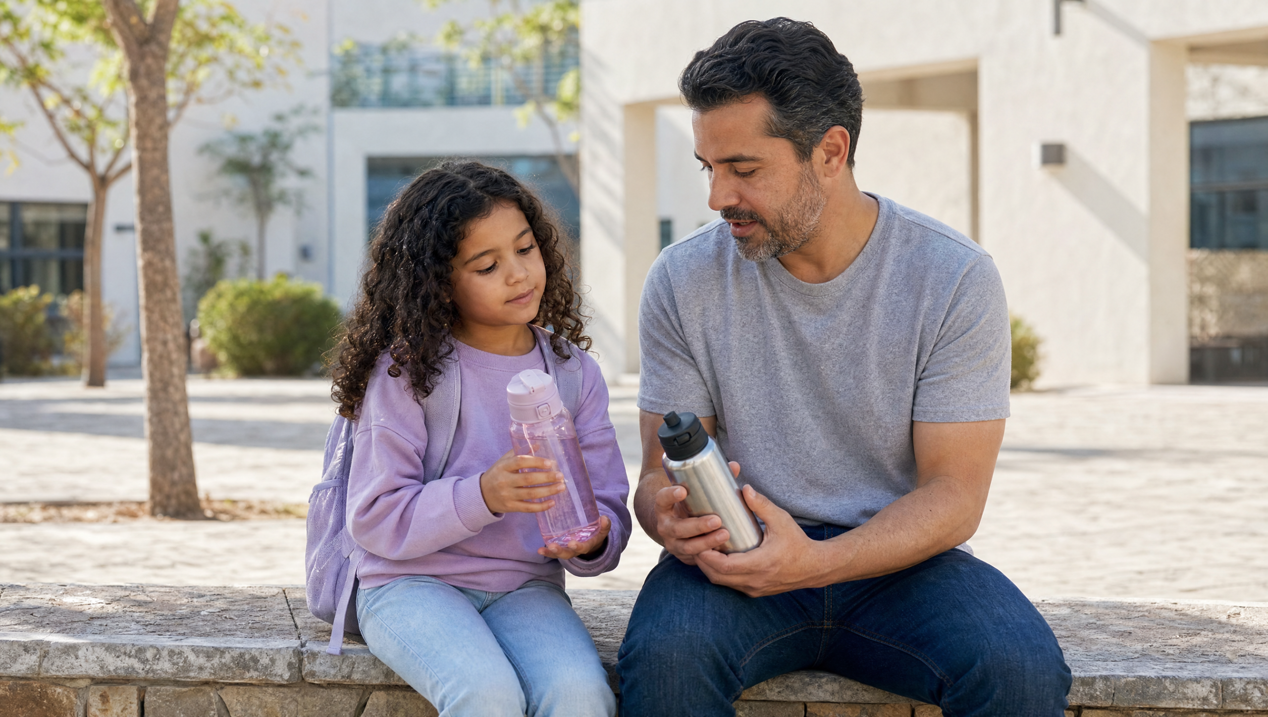 Padre e hija comparando una botella de acero y otra transparente antes de entrar al colegio