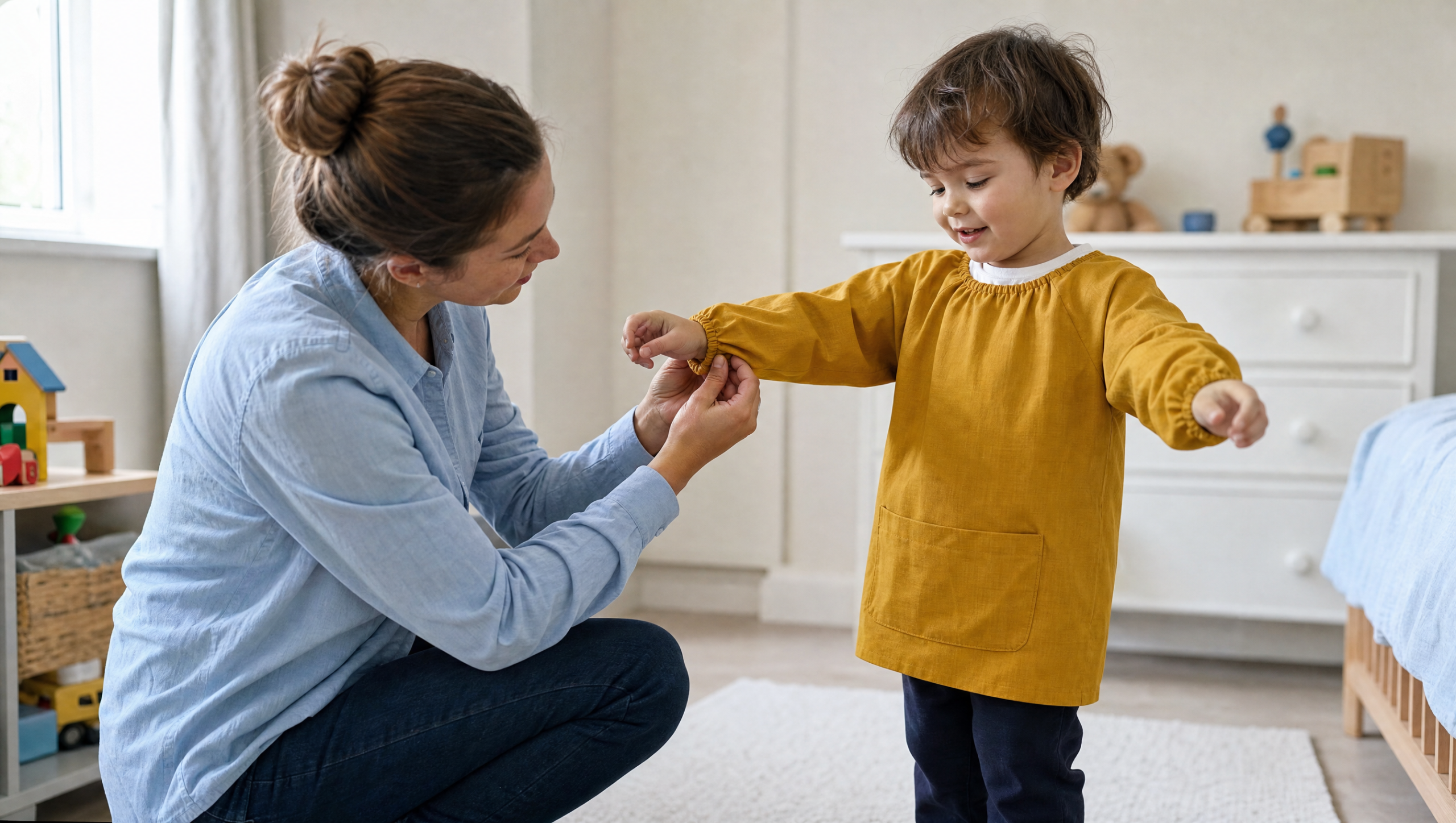 Madre comprobando el ajuste de la manga del babi de su hijo en el dormitorio