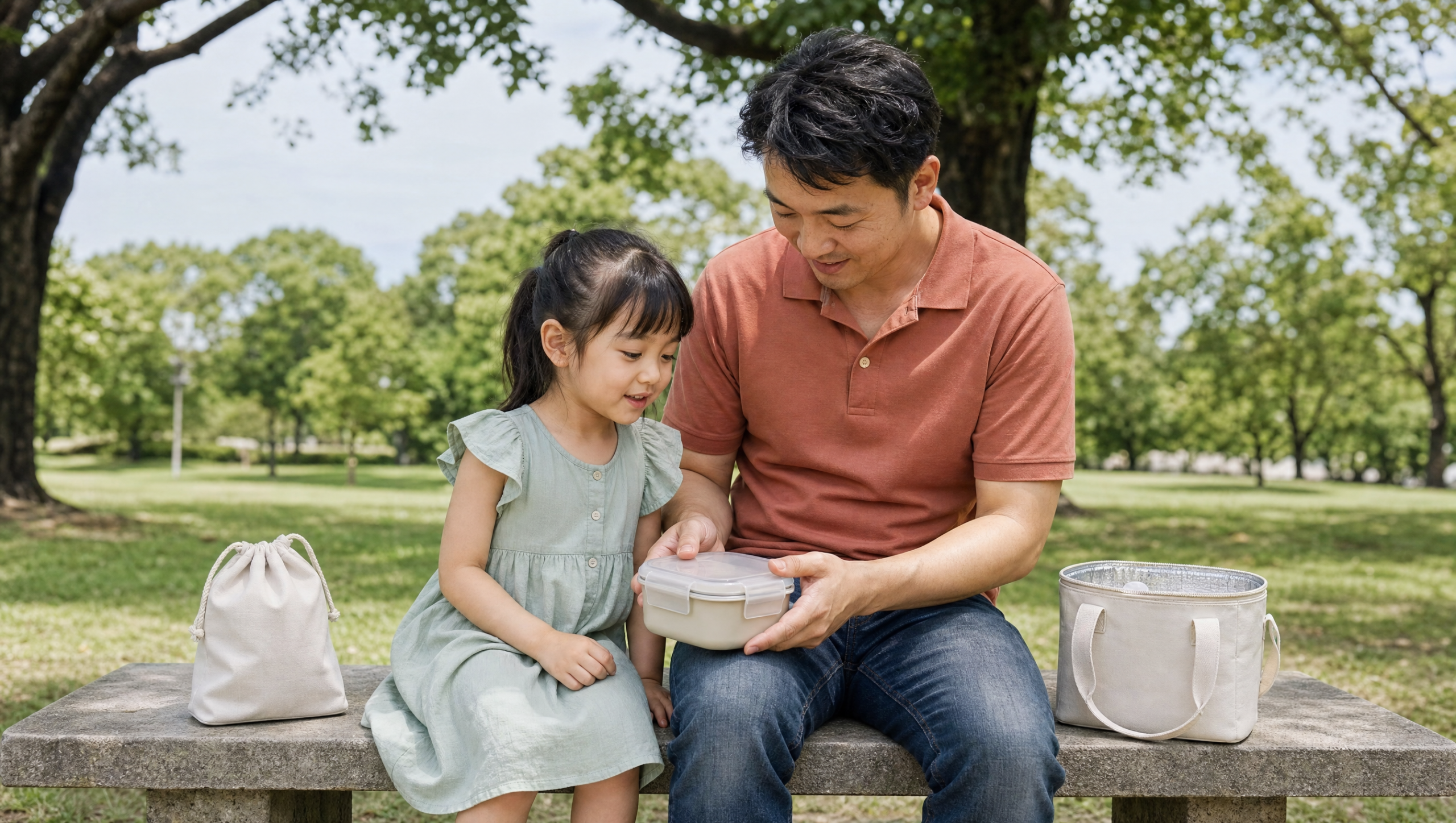 Padre e hija preparando una merienda con una bolsa de tela y una térmica en el parque
