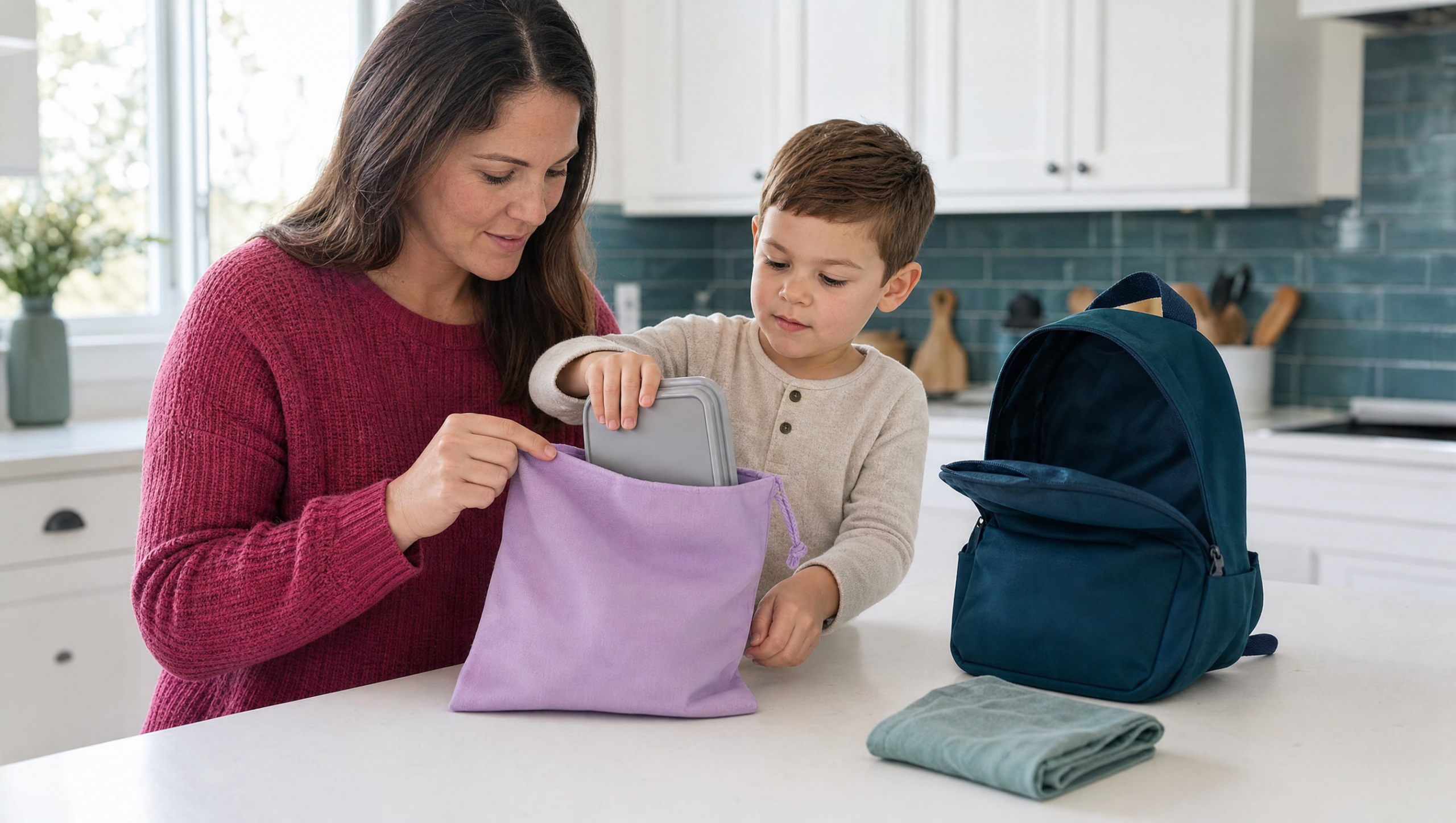 Madre e hijo comprobando si una fiambrera cabe en una bolsa de merienda
