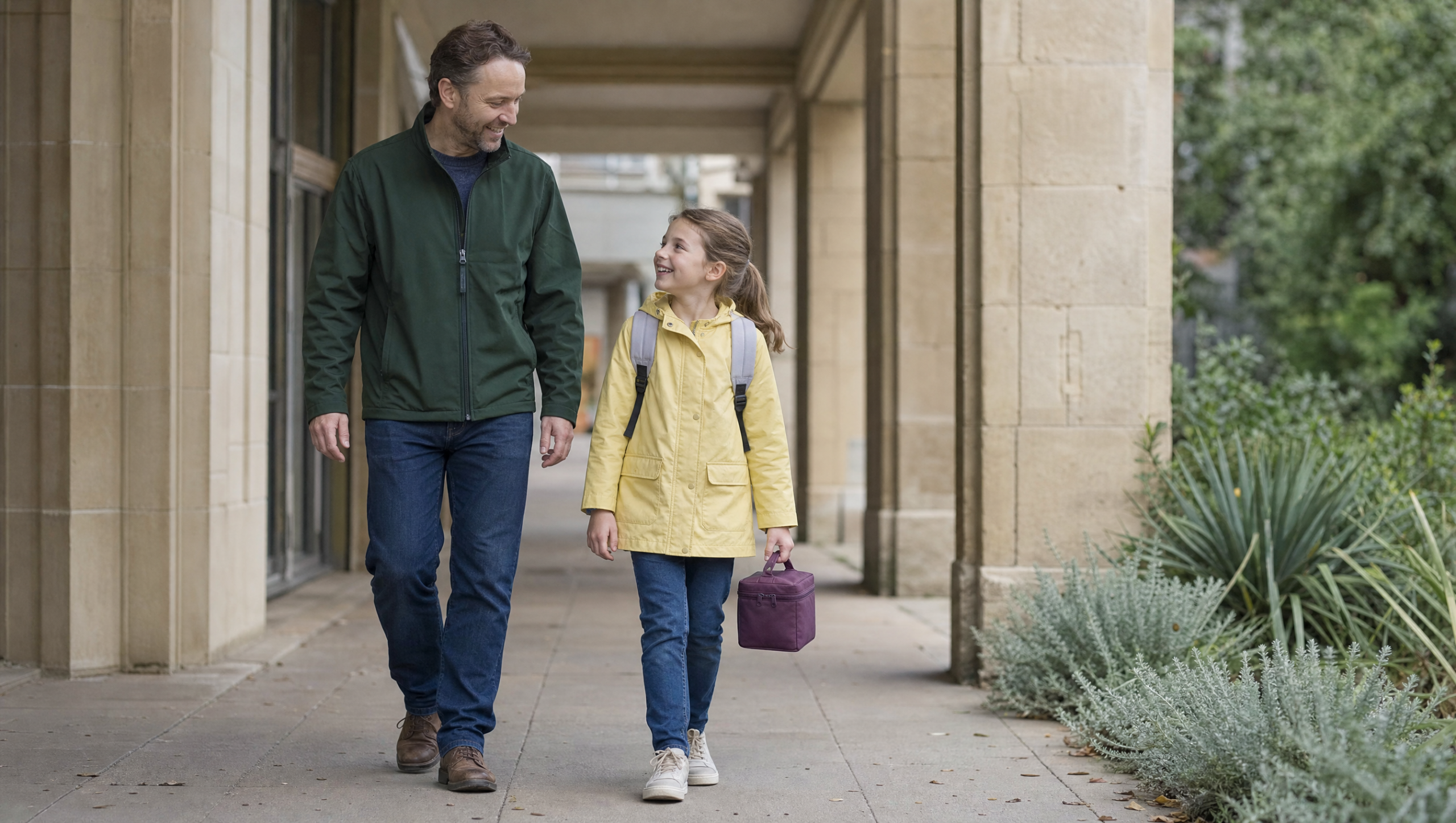 Padre e hija de camino al colegio con una bolsa térmica de asa