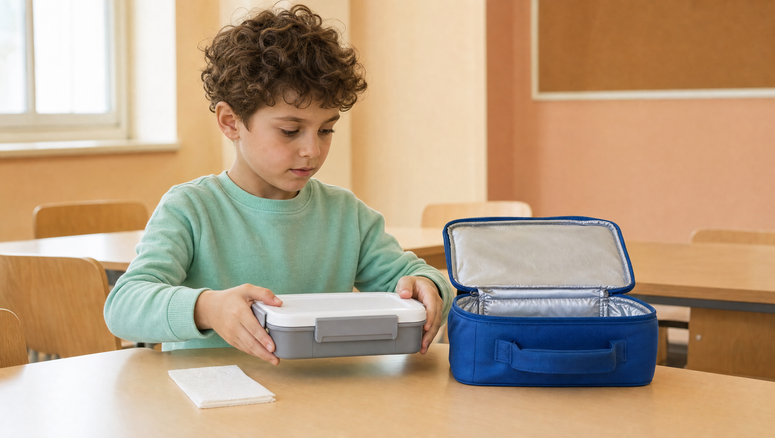 Niño colocando una fiambrera junto a una bolsa térmica abierta en el comedor escolar