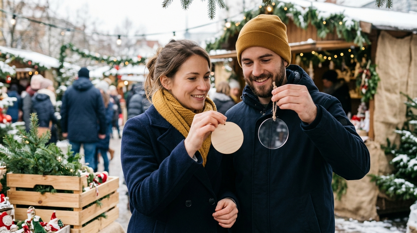 Pareja joven en un mercadillo navideño comparando un adorno de madera y otro de metacrilato transparente
