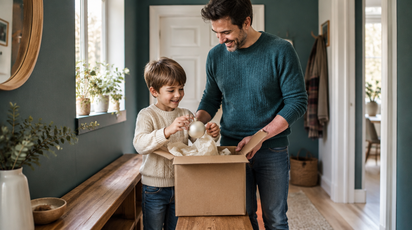 Padre e hijo en el recibidor de casa abriendo una caja recién llegada con adornos navideños envueltos en papel