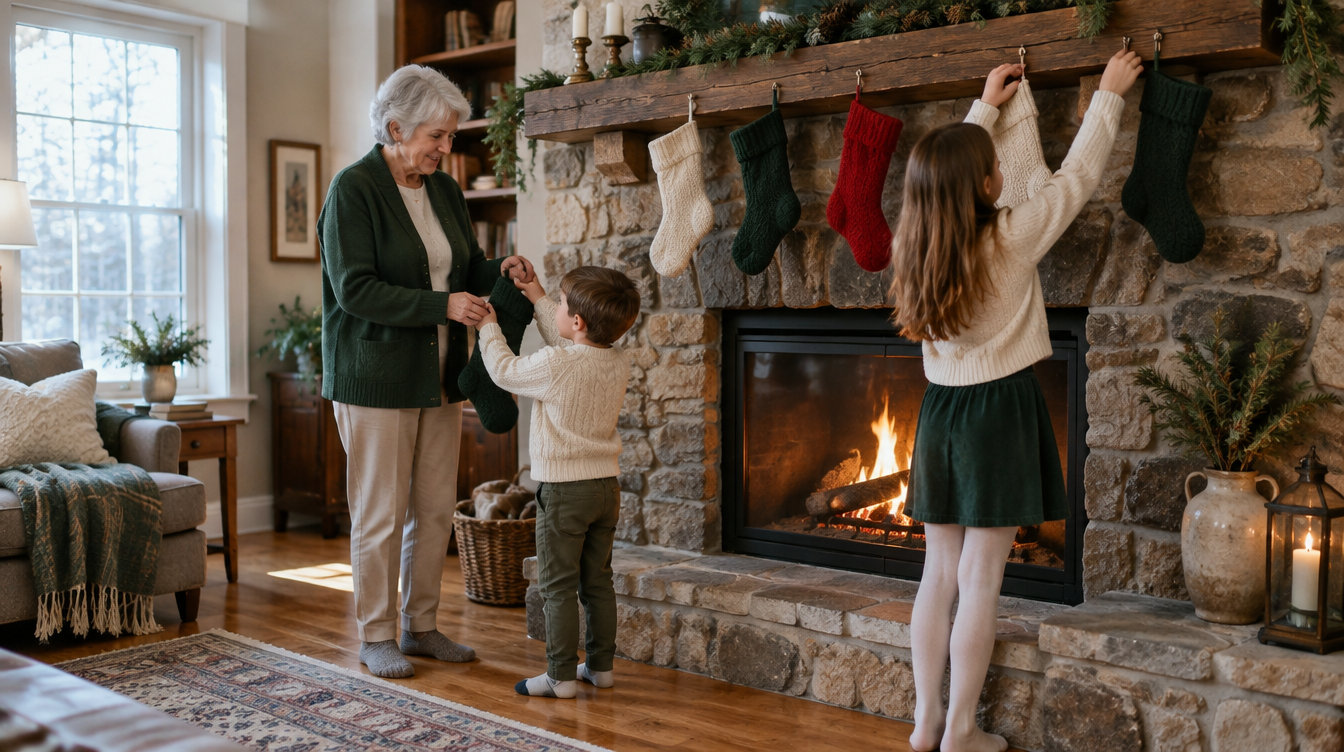 Una abuela y sus dos nietos cuelgan calcetines navideños de punto en la repisa de una chimenea de piedra