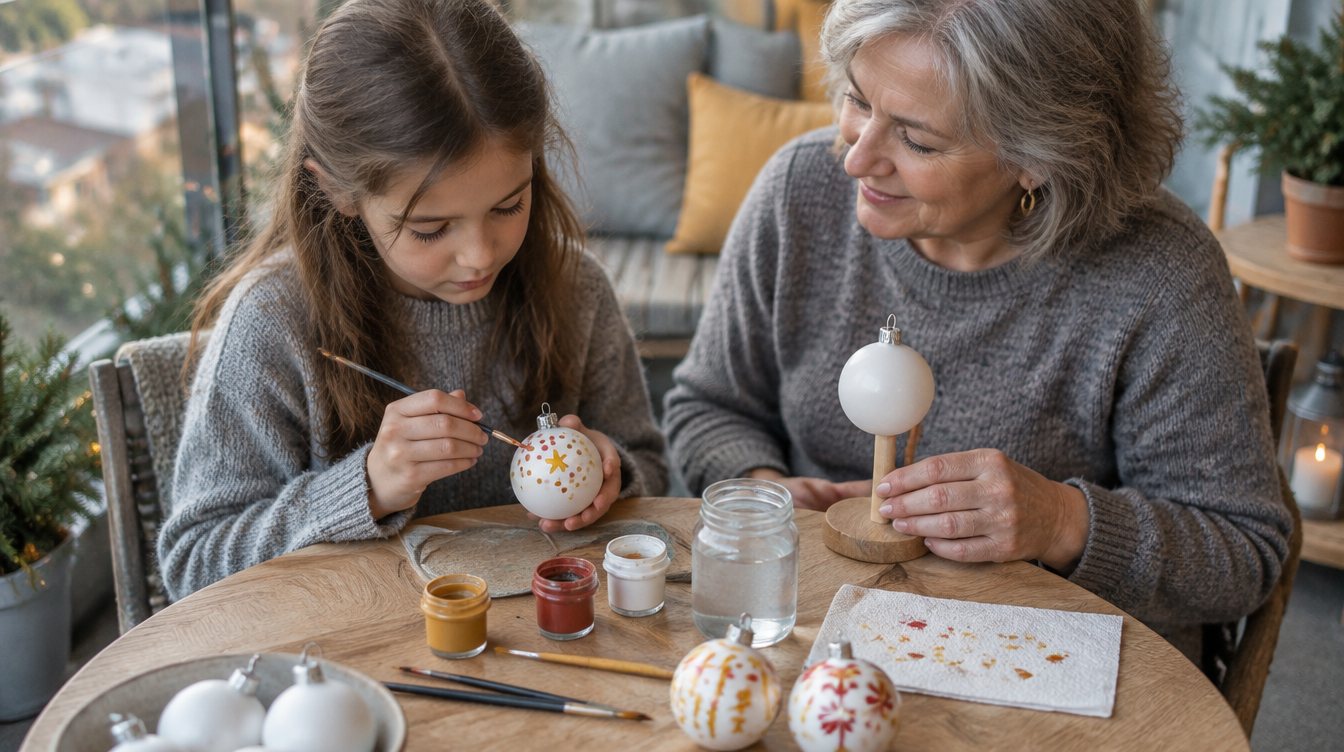 Niña y su abuela pintando a pincel bolas de Navidad blancas lisas en una mesa con botes de pintura