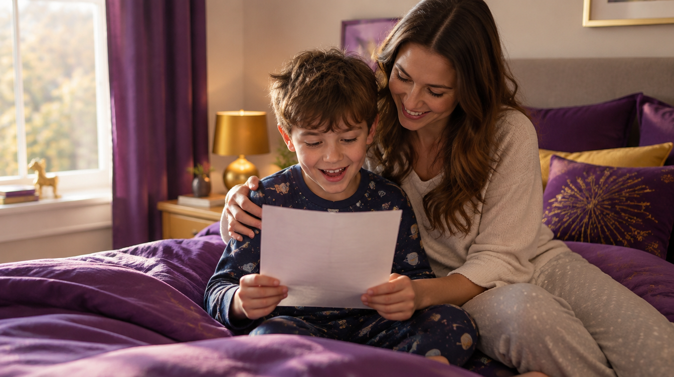 Niño de 7 años sentado en su cama la mañana de Reyes leyendo una carta junto a su madre