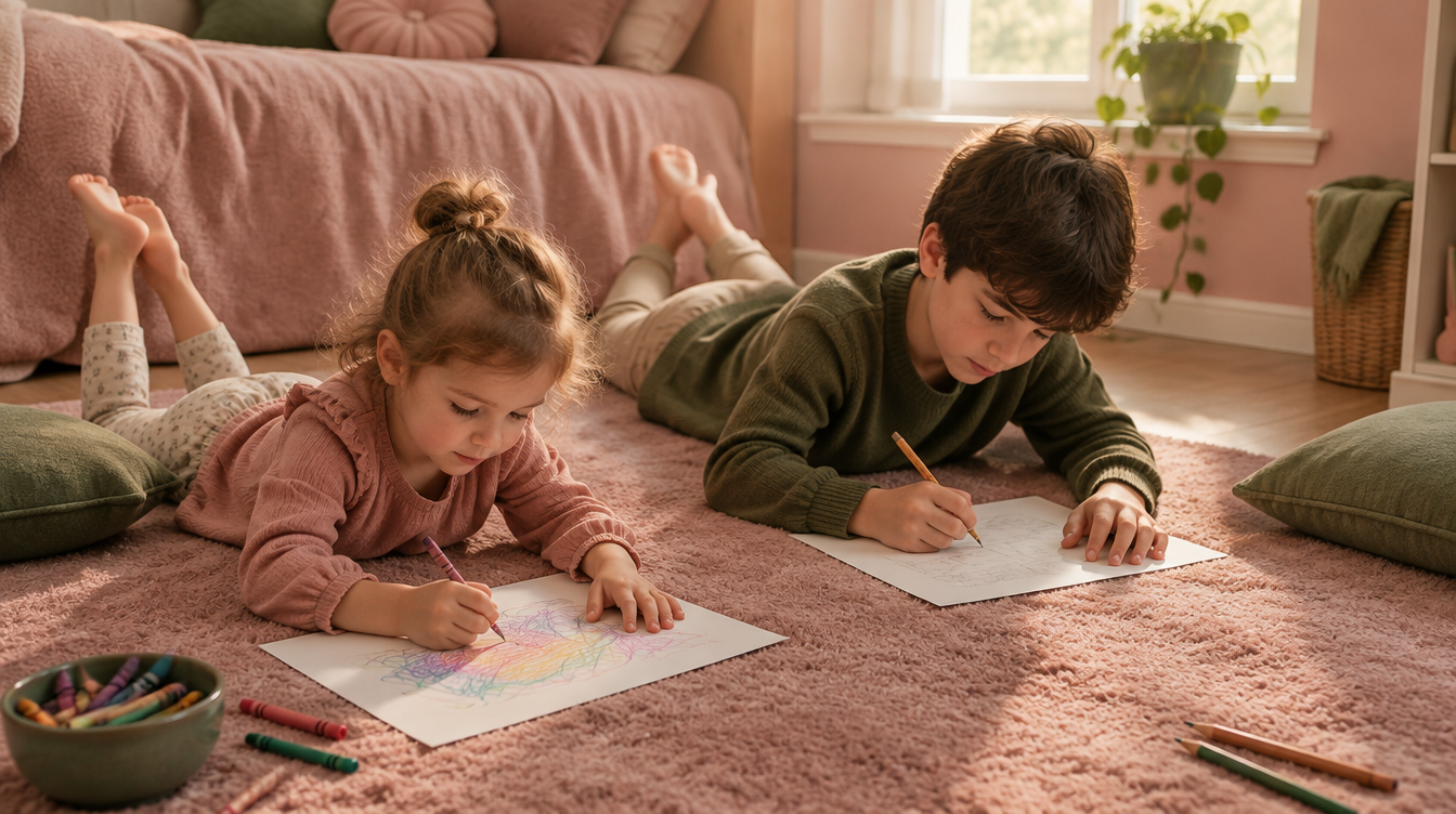 Dos hermanos de 4 y 10 años tumbados en la alfombra, la pequeña coloreando y el mayor escribiendo su carta
