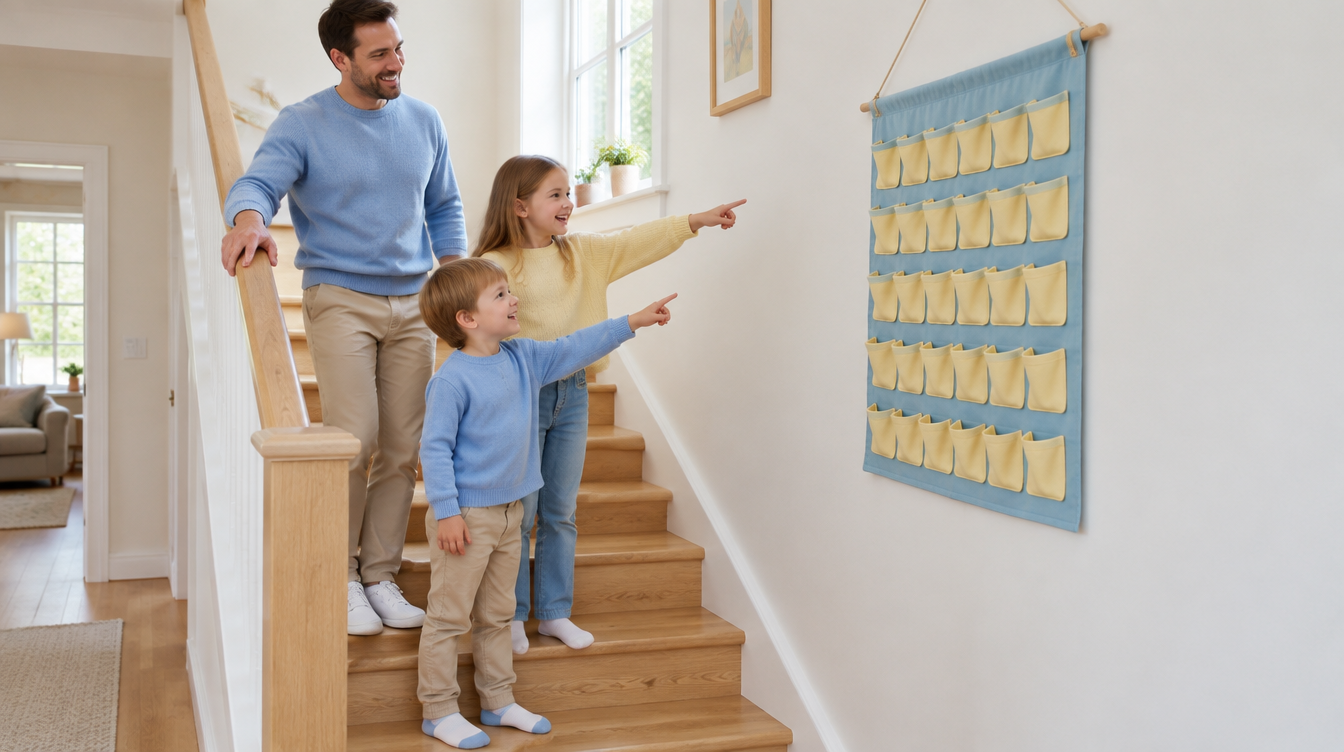 Dos hermanos pequeños señalan emocionados un calendario de Adviento de tela colgado en el rellano de la escalera mientras su padre sonríe detrás
