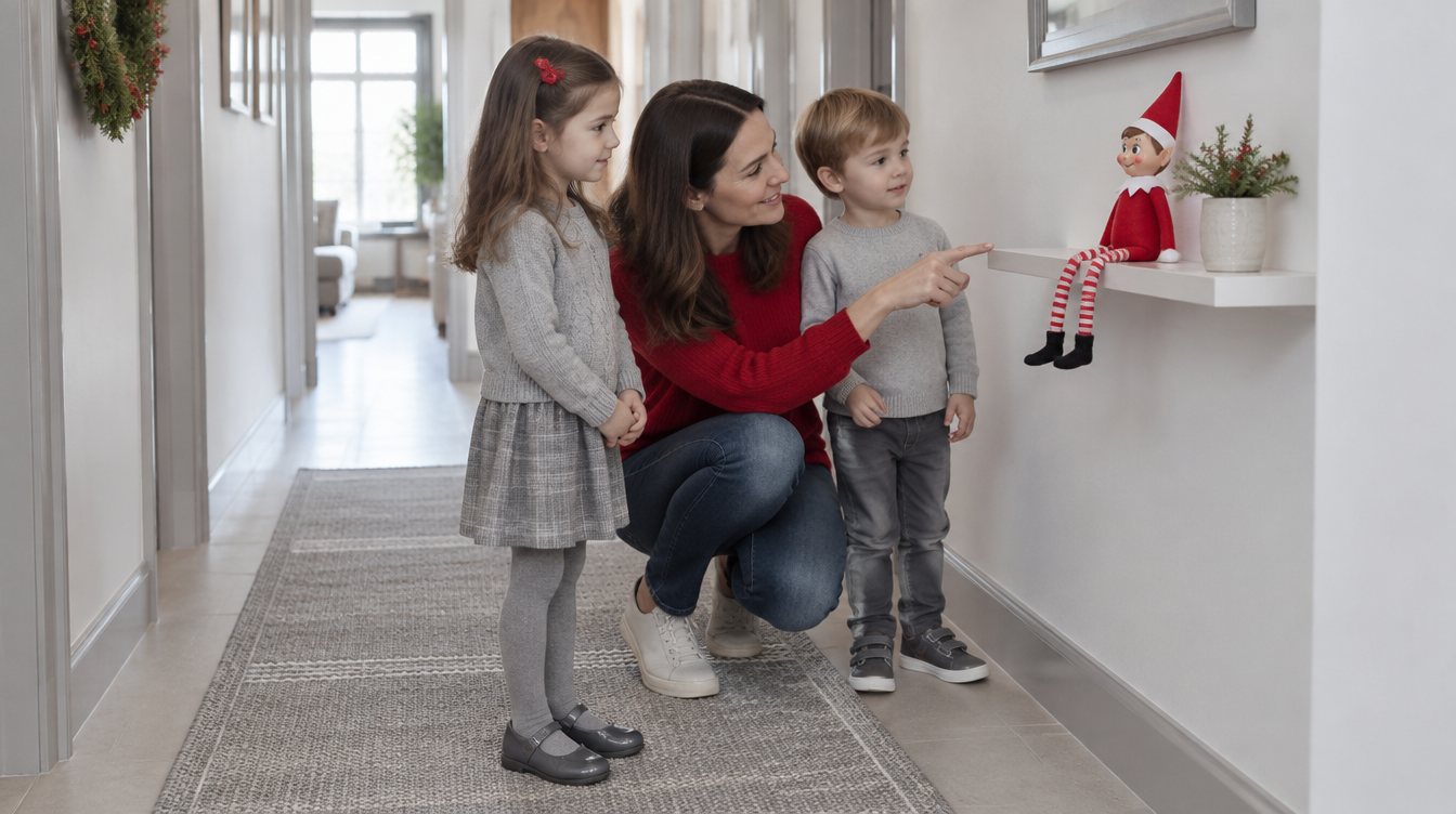 Madre agachada en el pasillo explica a sus dos hijos la tradición del elfo travieso señalando un muñeco elfo en una estantería