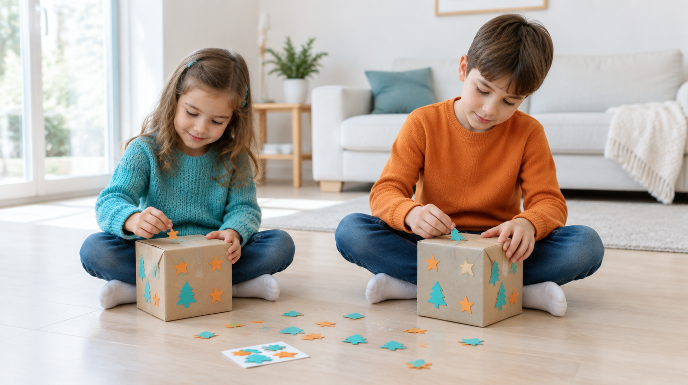 Dos niños sentados en el suelo del salón decorando cajas de regalo lisas con pegatinas de estrellas y abetos
