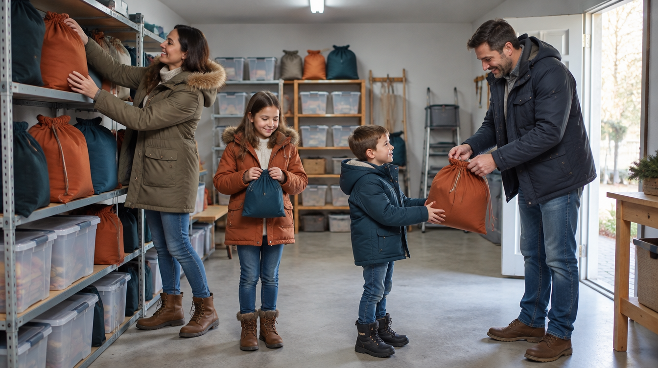 Familia de cuatro con abrigos sacando sacos de tela de una estantería del trastero para la temporada de Navidad