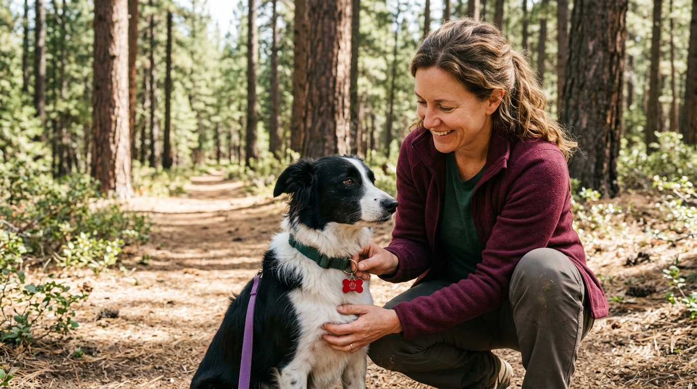 Mujer en un sendero de pinos colocando una chapa identificativa roja en forma de hueso en el collar de su border collie