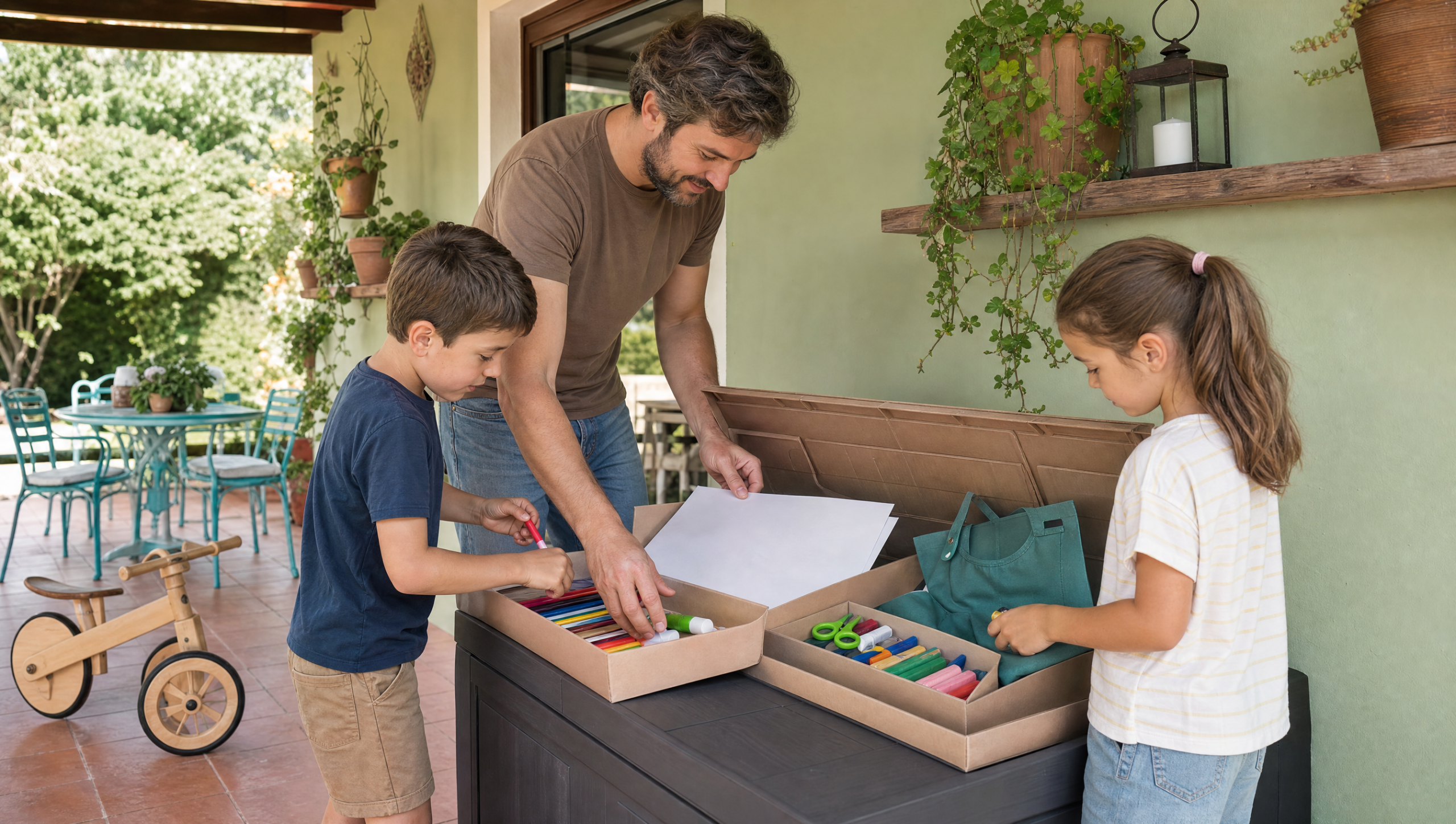Padre y dos niños organizando materiales para crear un kit de manualidades en un patio cubierto