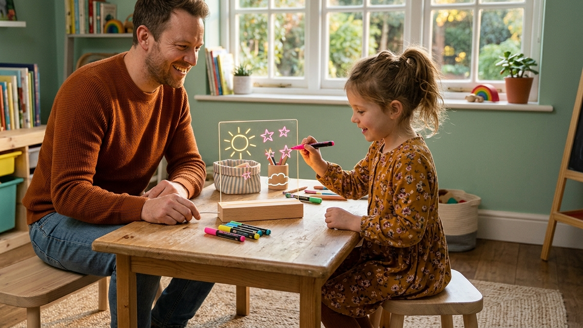Padre e hija en un cuarto de juegos, la niña dibujando un sol y estrellas con rotuladores en una lámpara LED de metacrilato