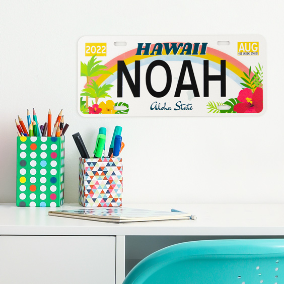 Manos sosteniendo una matrícula decorativa personalizada de Hawái con el nombre Noah junto a otras de Colorado, Florida y Texas