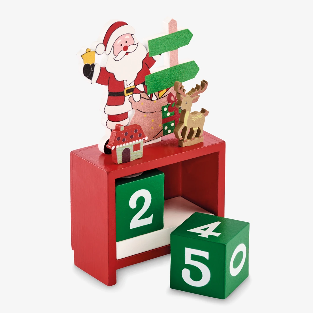Calendario de Adviento de madera con Papá Noel y reno, con dos cubos numerados para marcar cada día
